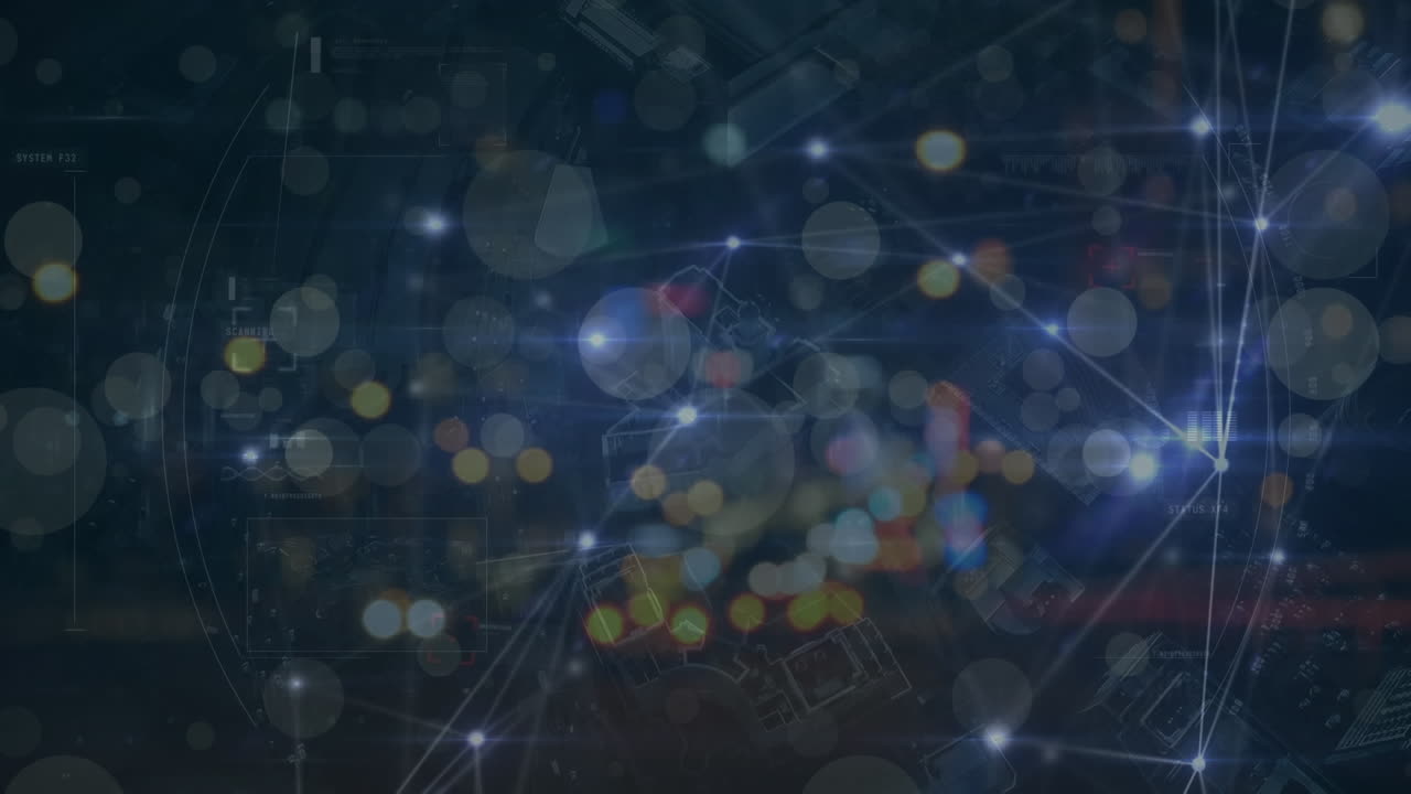 Animation of dots connected with lines and flying lens flare with bokeh effect in background