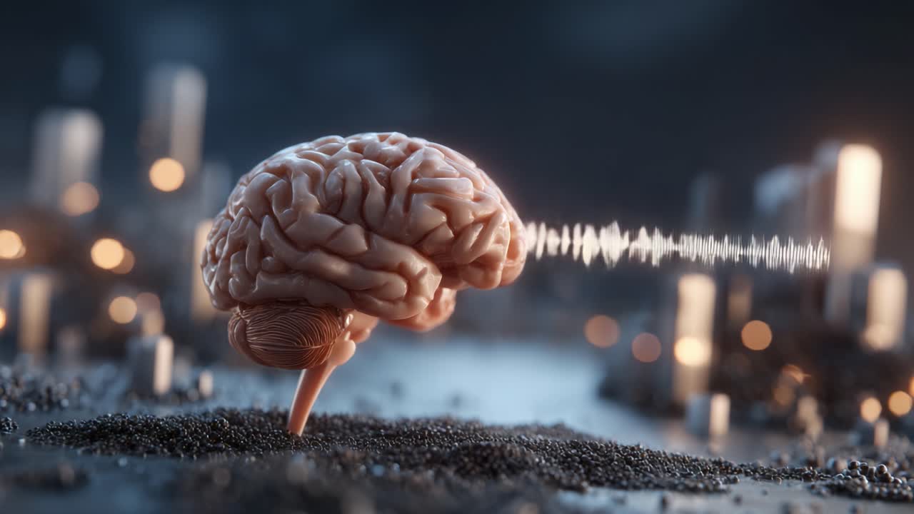 A mesmerizing visualization of a human brain emitting sound waves, surrounded by a dark, mysterious environment with glimmers of light, showcasing the fusion of cognition and audio