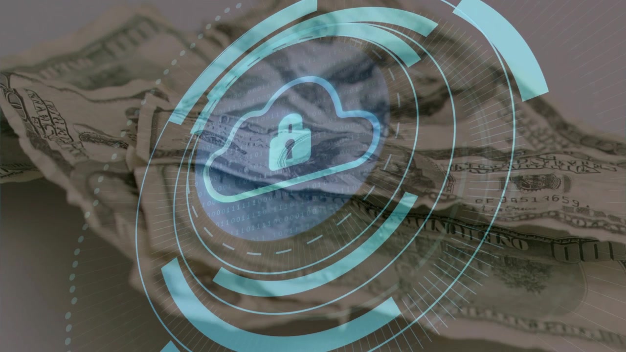 USD stack being overlaid by teal HUD appearing, rings rotating, cloud lock forming to show security