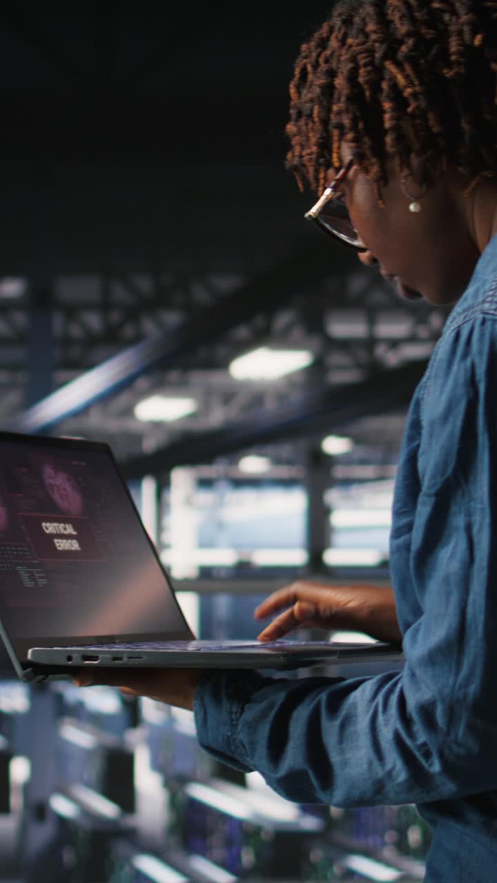 Vertical video Data center software developer panicking after receiving critical error