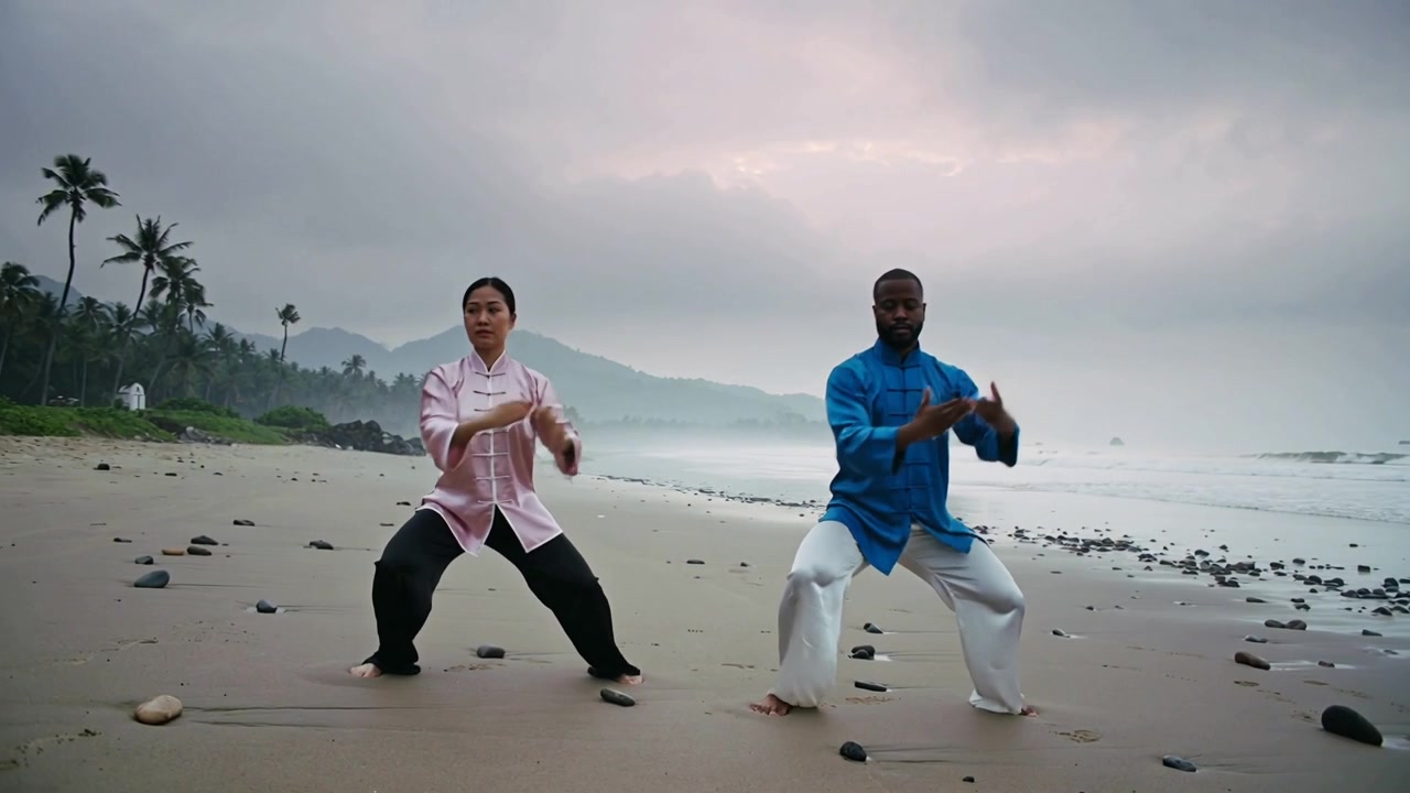 Pasangan berlatih Tai Chi di pantai berpasir saat fajar, mengenakan jaket merah muda dan biru tanpa alas kaki.