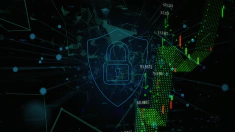 animación de gráfico con procesamiento de datos y icono de candado en fondo negro