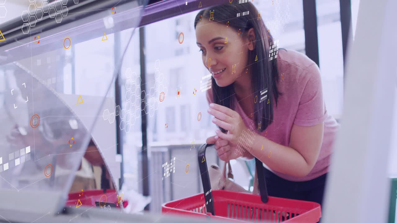 Woman peering deli glass with red basket, leaning causing HUD overlay marking price tag urging pick