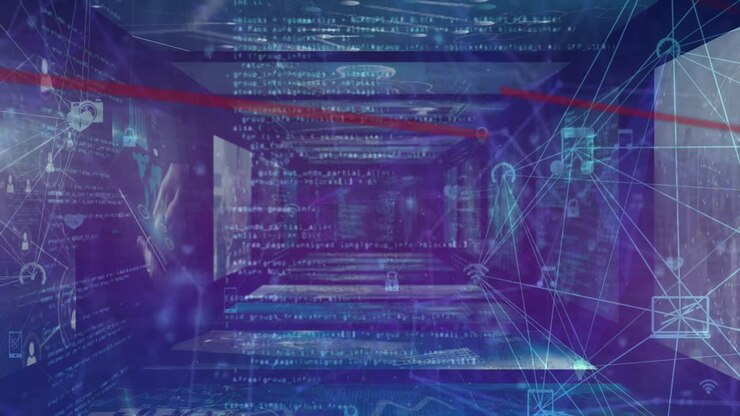 Animation of digital screens with data processing and connections on navy background