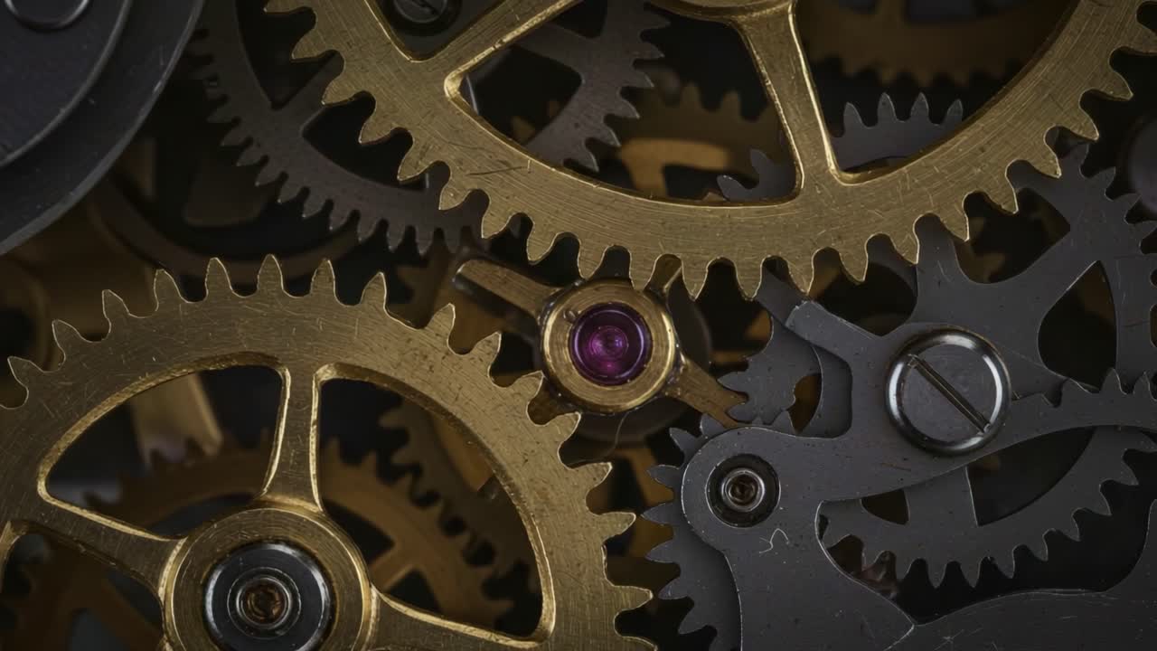 Intricate Mechanisms: Close-Up of Gold-Toned Gears and Jewels in a Complex Clockwork System, Showcasing the Precision and Craftsmanship Behind Timekeeping Devices