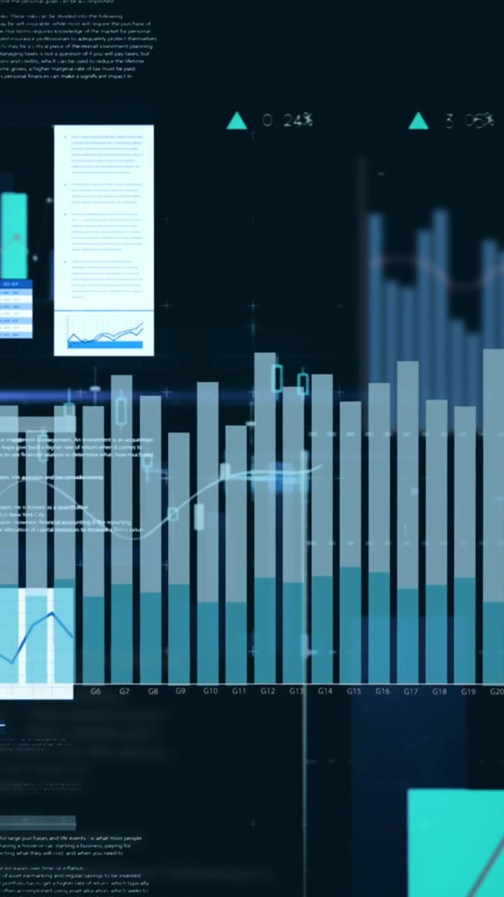 Animation of diverse graphs and financial data on black background