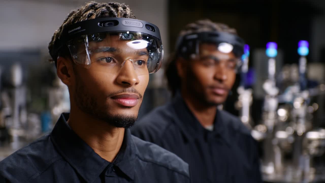 Close-up of Two Individuals Wearing Safety Gear and Advanced Technology Headsets in a Laboratory Setting, Focusing on Precision and Innovation in Scientific Research and Development Environments