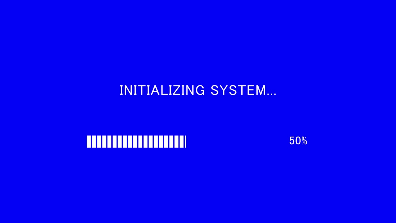 Retro TV screen showing initializing system message with loading bar on blue background, seamless loop