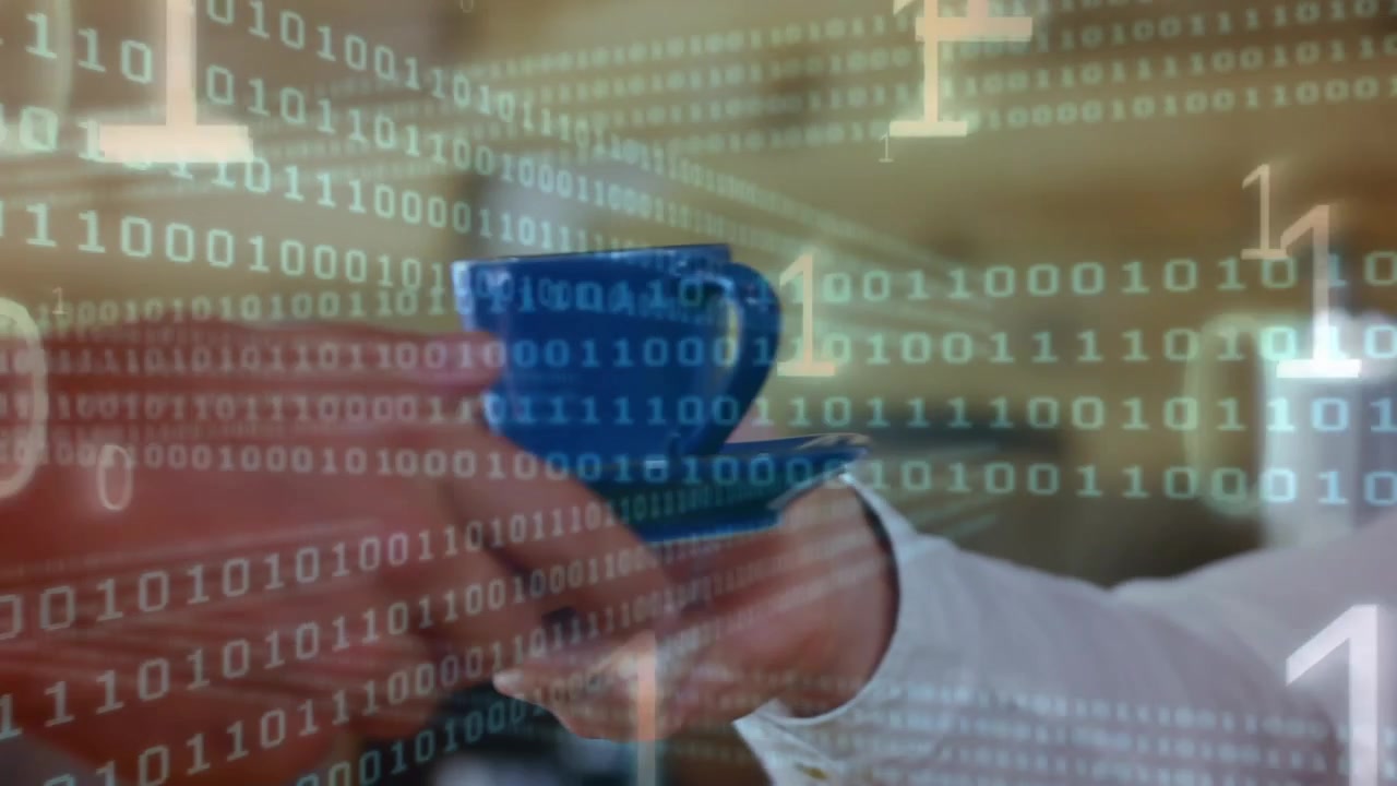 Animation of binary code over hand of caucasian waiter serving coffee