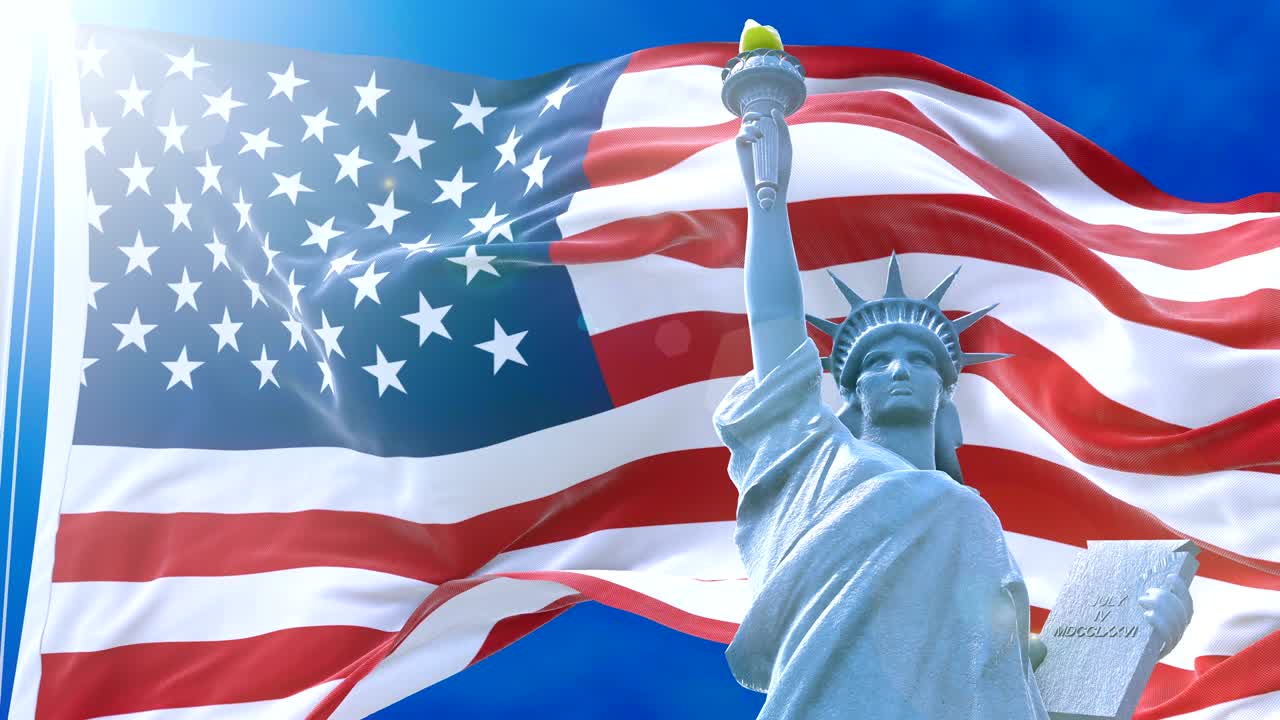 Bandiera degli USA che sventola con il sole che sorge sullo sfondo di un cielo blu. In loop