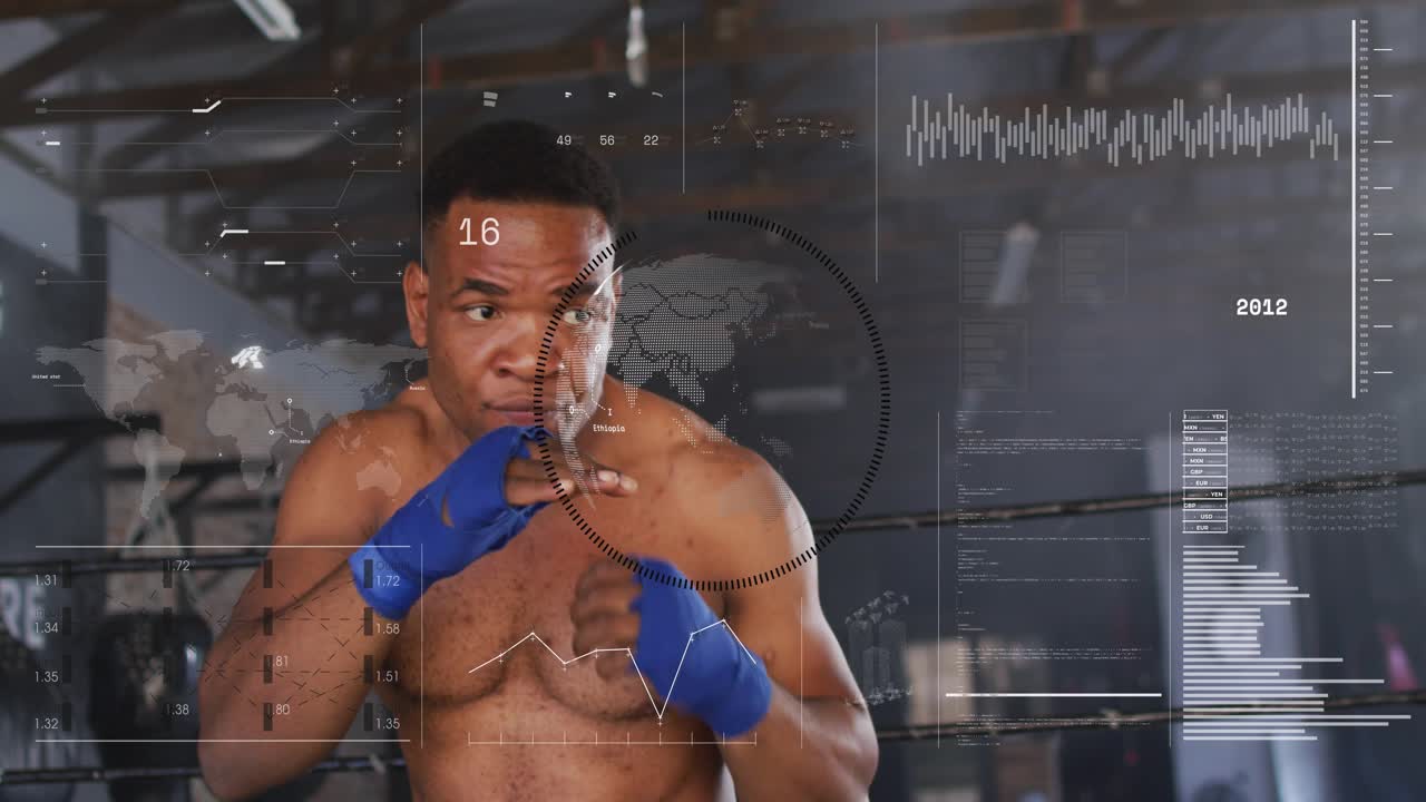 Male boxer starting high guard then throwing jabs in ring, training with AR HUD metrics rising