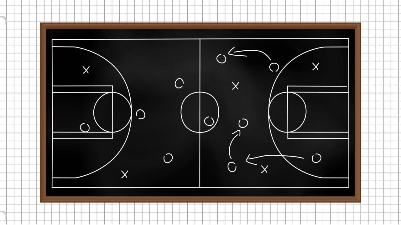 Animation of football game strategy drawn on black chalkboard against squared lined paper background