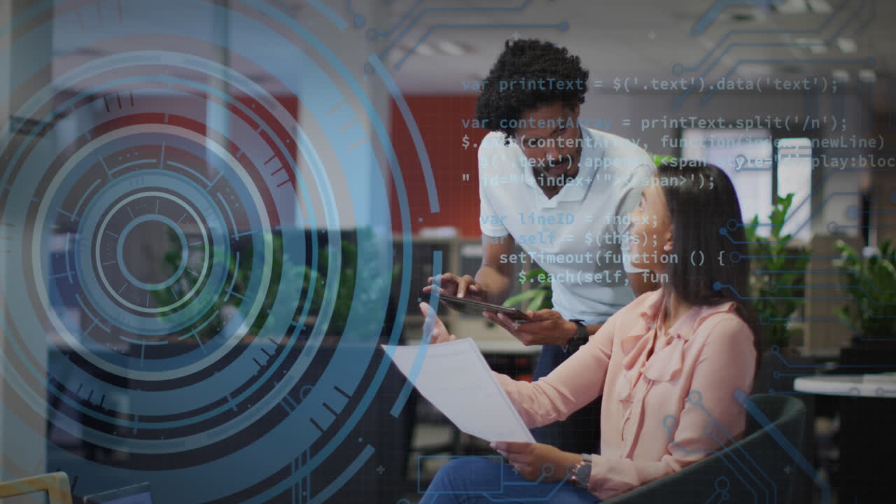 Animation of scope and data processing over diverse business people in office