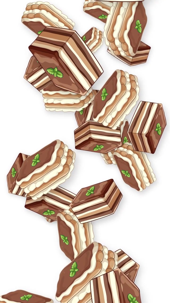 Illustrated layered chocolate cakes with mint leaves fall vertically against a plain white background.