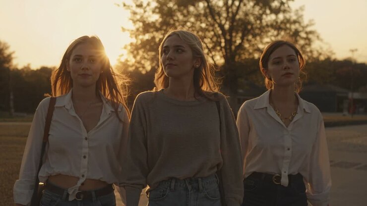 Tre donne che camminano in camicie casual e jeans in uno spiazzo asfaltato, con borse a tracolla e capelli illuminati dal sole.