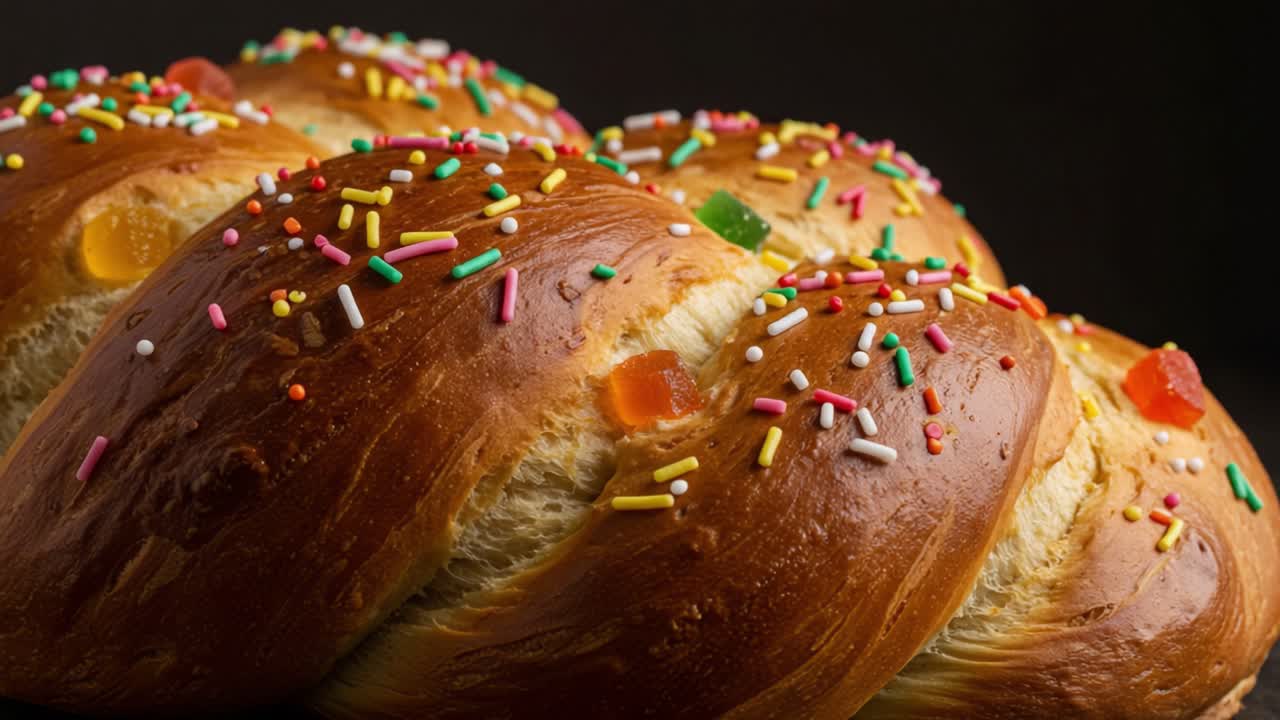 A Close-Up Look at a Colorful Sweet Bread with Decorative Sprinkles and Candied Fruits, Perfect for Festive Celebrations and Delightful Treats