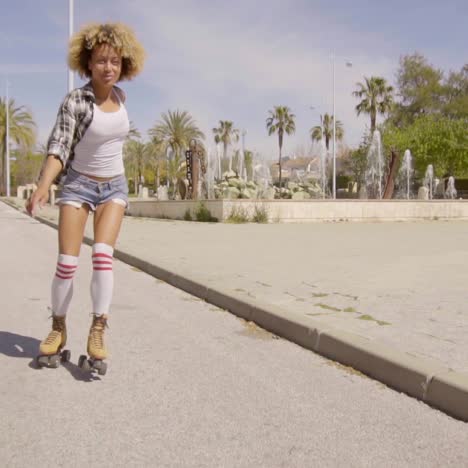 exotic young woman on vintage roller skates