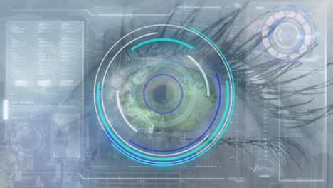 escaneo de alcance sobre el primer plano del ojo femenino contra la interfaz digital con el procesamiento de datos