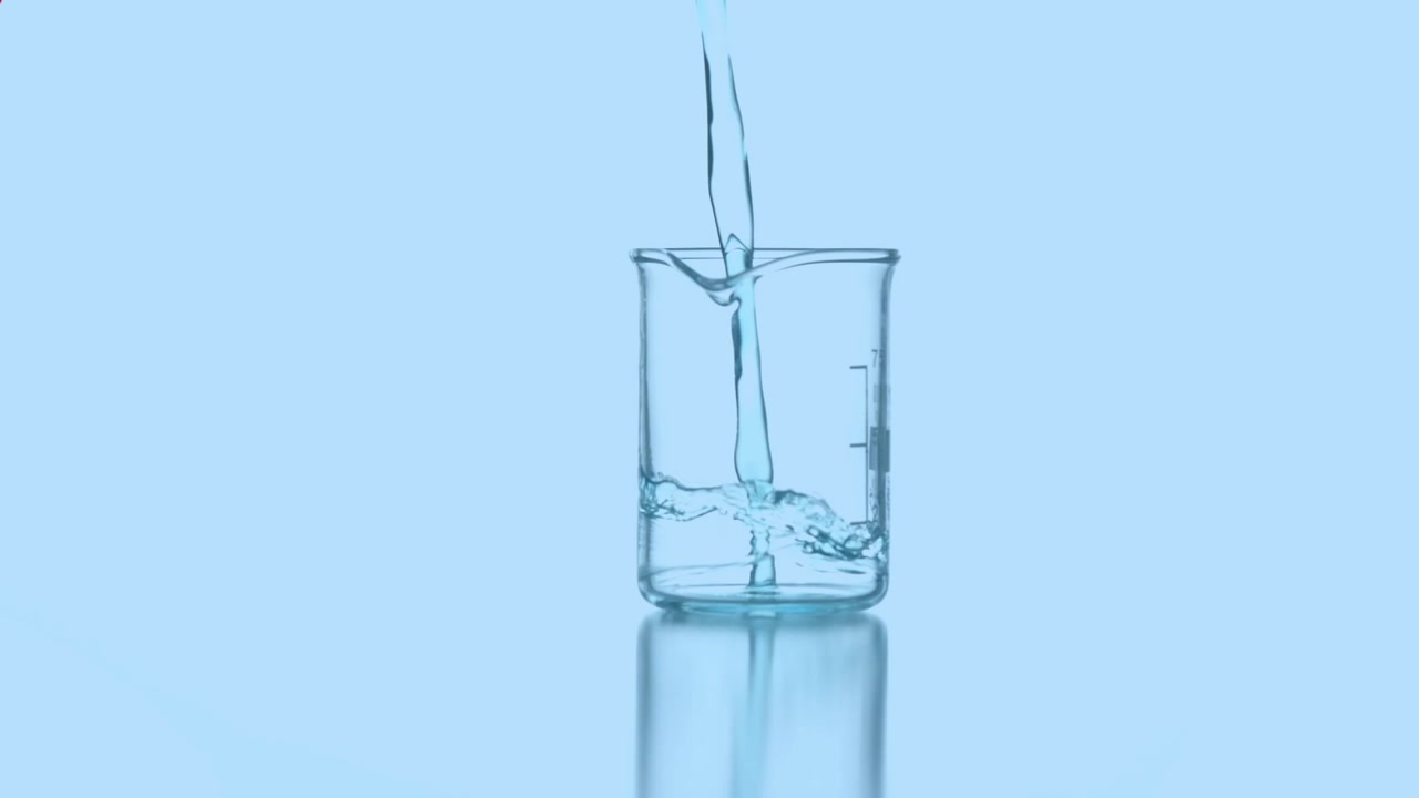 Water Pouring into Glass Beaker with Animated Red Geometric Overlays