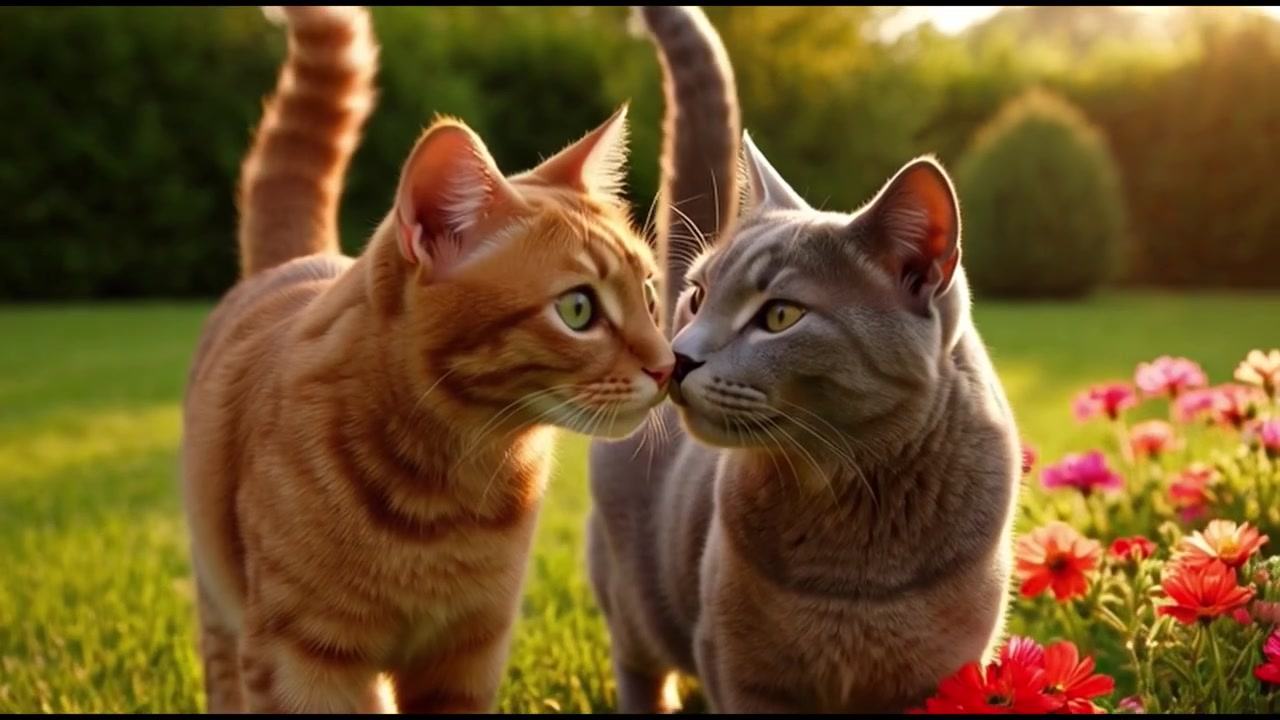 Due gatti che si coccolano in un giardino soleggiato