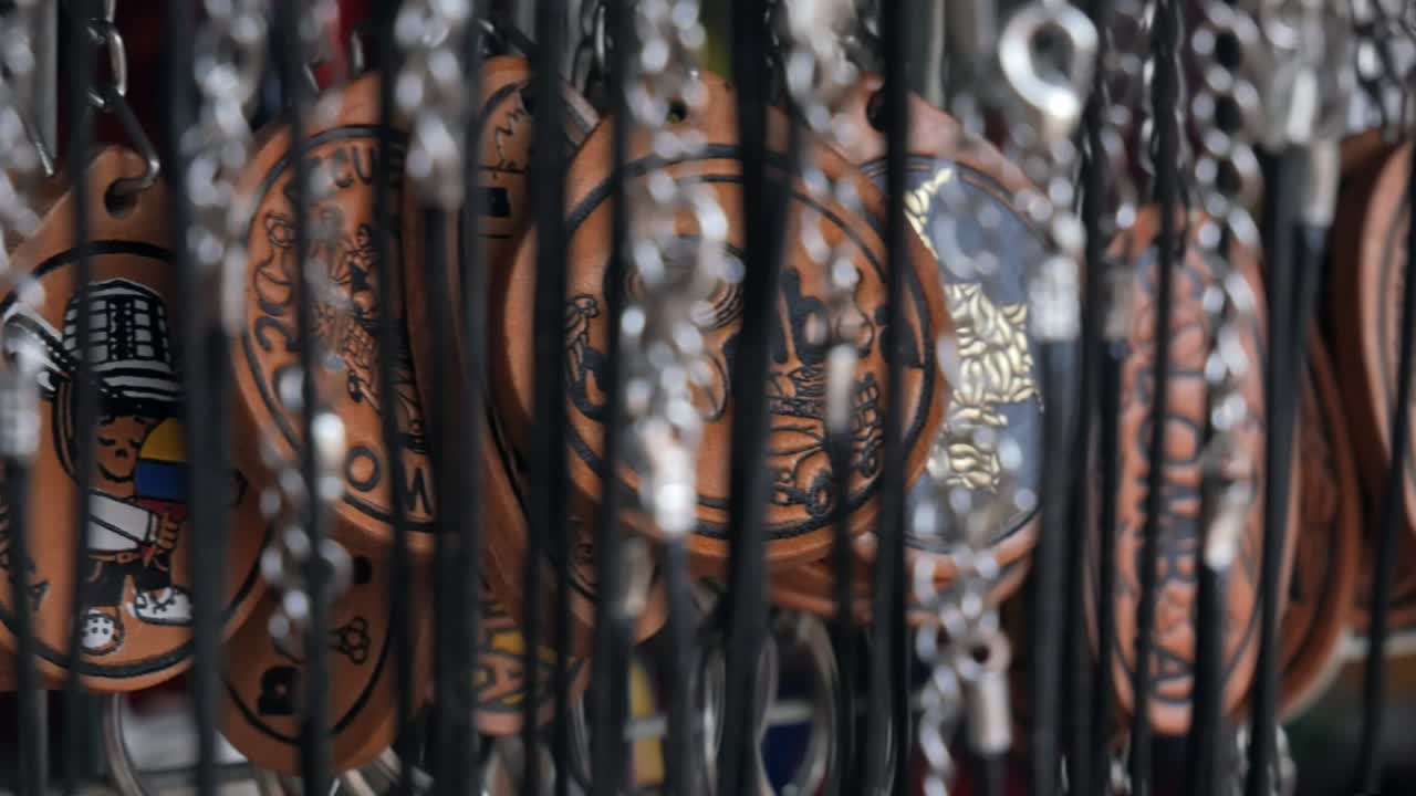 Colombian souvenirs, keyrings in a shop in Bogota