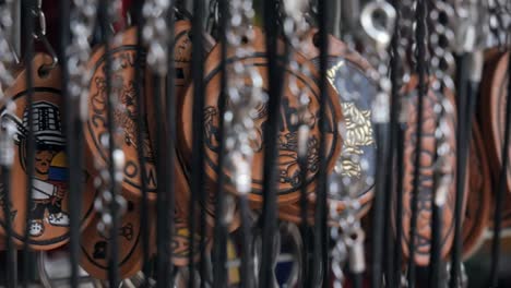 Colombian-souvenirs,-keyrings-in-a-shop-in-Bogota