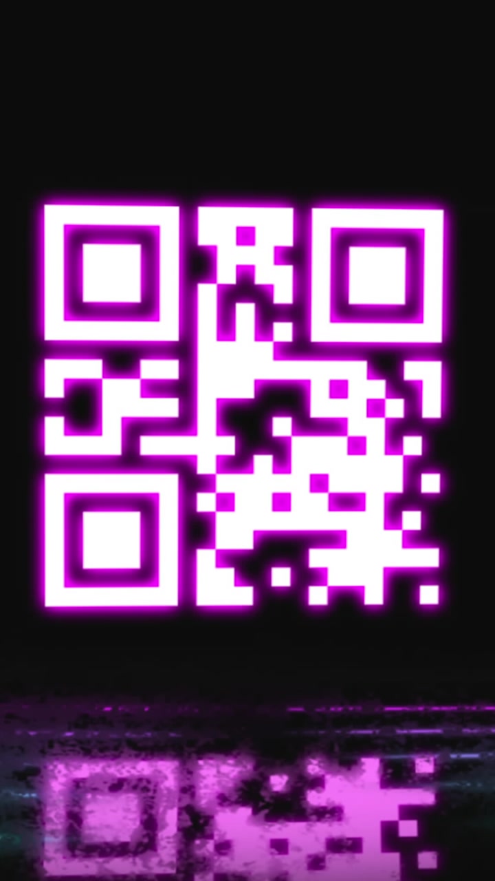This animation shows a pink qr code flickering with pink and blue neon lines on a black background