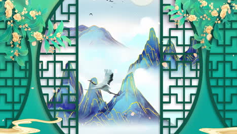 fantasy bright ambience landscape of beautiful morning sky, mountains, flowers, lake, ancient house with simple animation in japanese chinese anime watercolour style