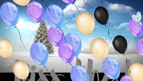 animación de árbol de navidad y globos sobre un paisaje de invierno