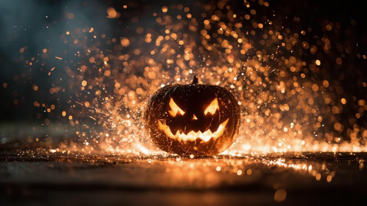 A Glowing Jack-o'-Lantern Surrounded by Sparkling Splashes of Light, Perfectly Capturing the Spooky Essence of Halloween Celebrations with its Eerie Yet Inviting Glow