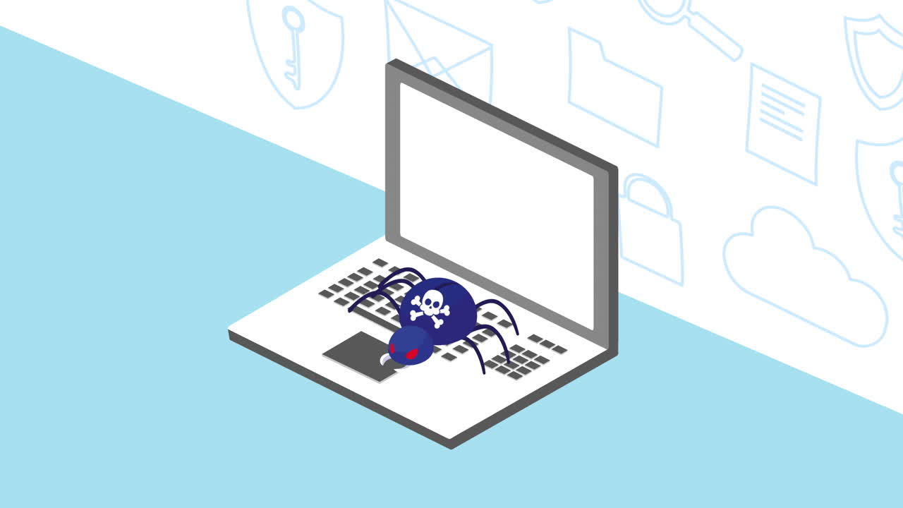 사이버 보안 위협을 나타내는 거미가 있는 노트북