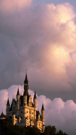 majestic fairytale castle against a dramatic sunset sky