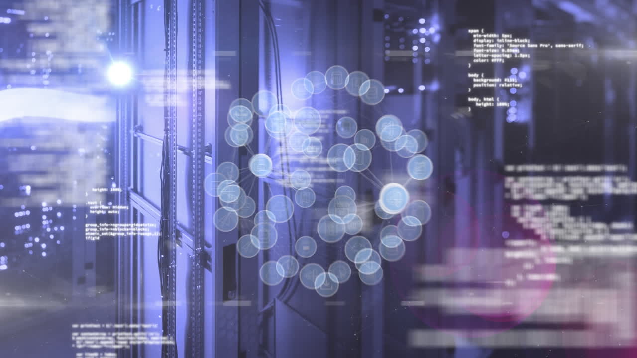 Animation of light spot, spinning globe of digital icons and data processing against server room