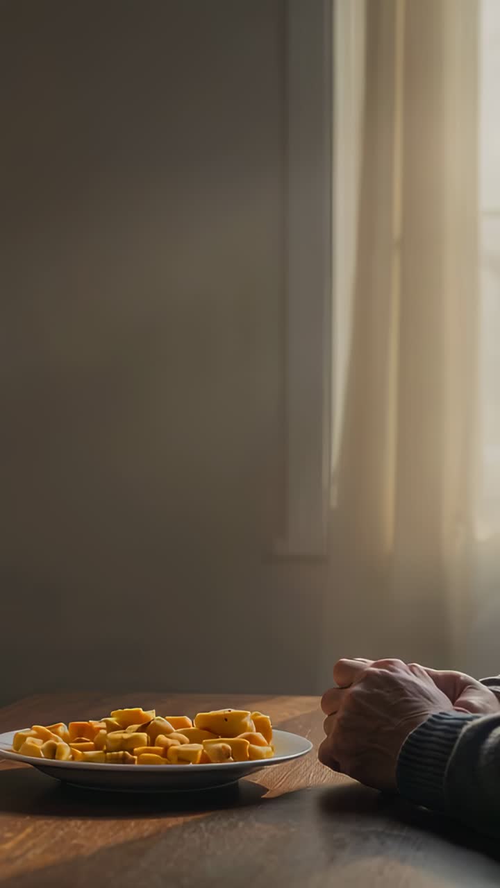 Vertical video: Keeping sweater-clad hands clasped on table at home with mango plate, copy space