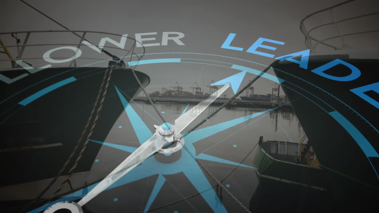 animación del giro de la brújula y el texto del líder de los seguidores sobre el astillero