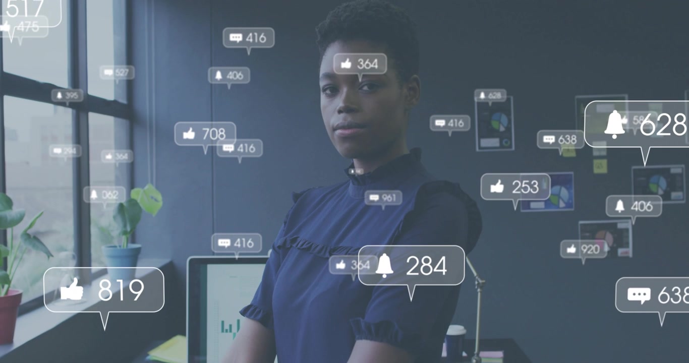 Business woman gazing out window and initiating notification bubbles tracking engagement growth