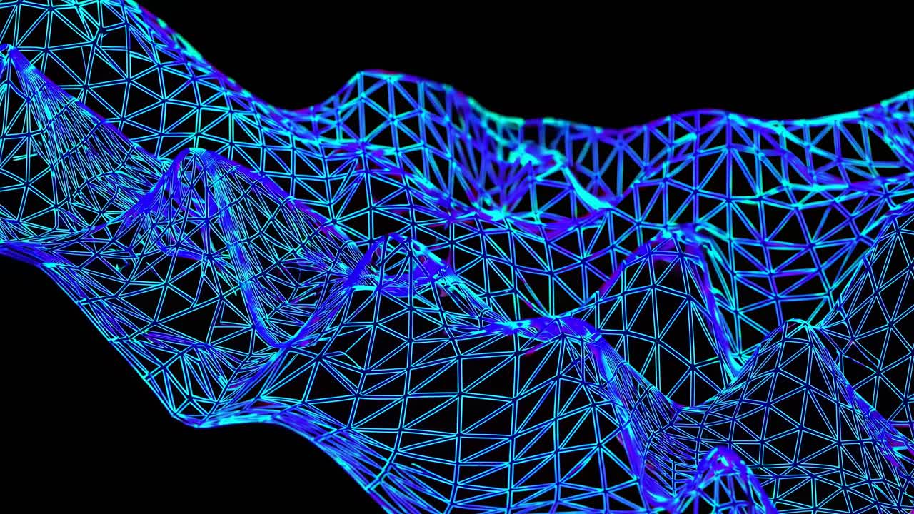 Dynamic low-angle view of a 3D wireframe landscape with neon blue lines on a black background