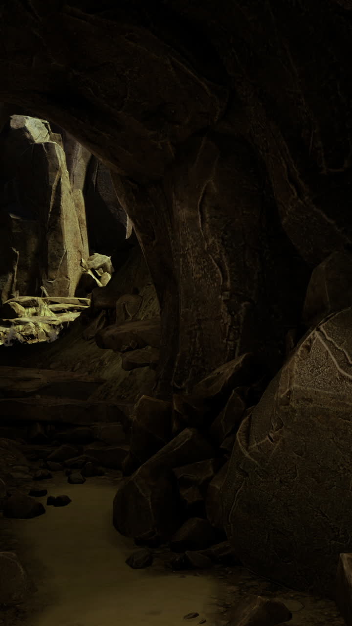 Passaggio in una grotta misteriosa con luce che illumina le pareti rocciose