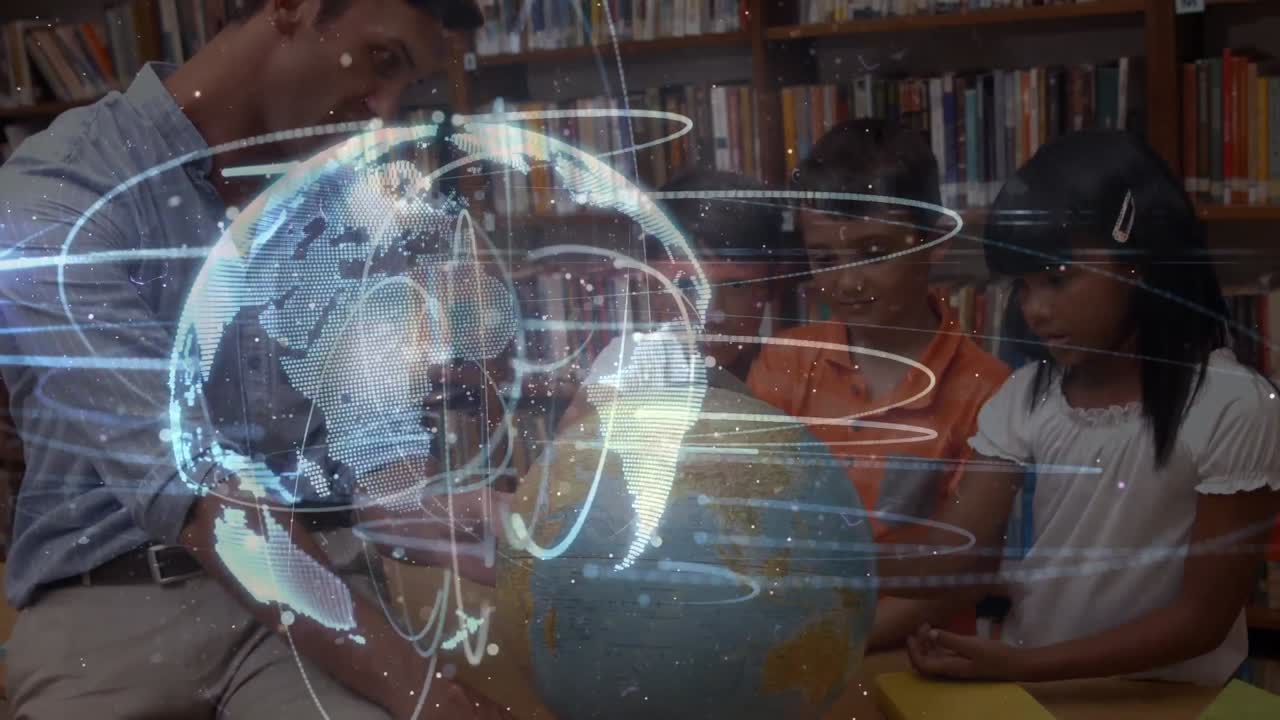 animación del globo digital sobre diversos maestros varones y escolares que leen el globo