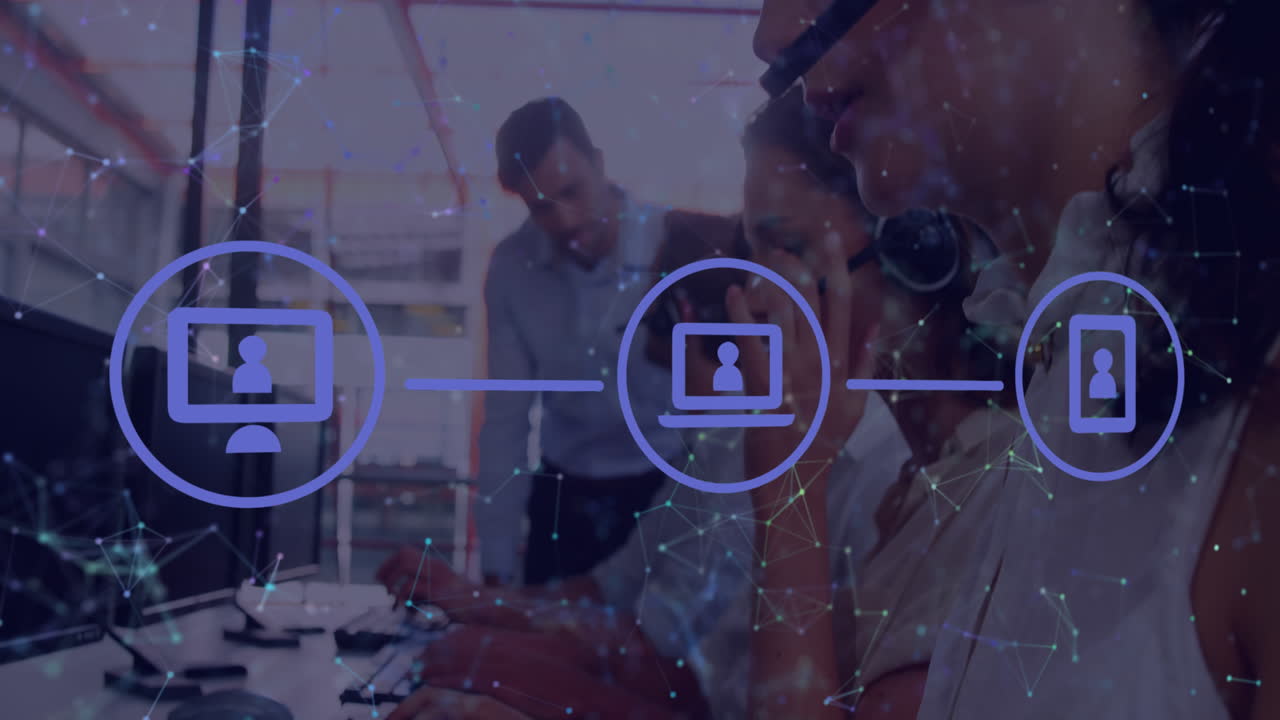Rete di icone di connessione su sfondo di persone che lavorano in ufficio