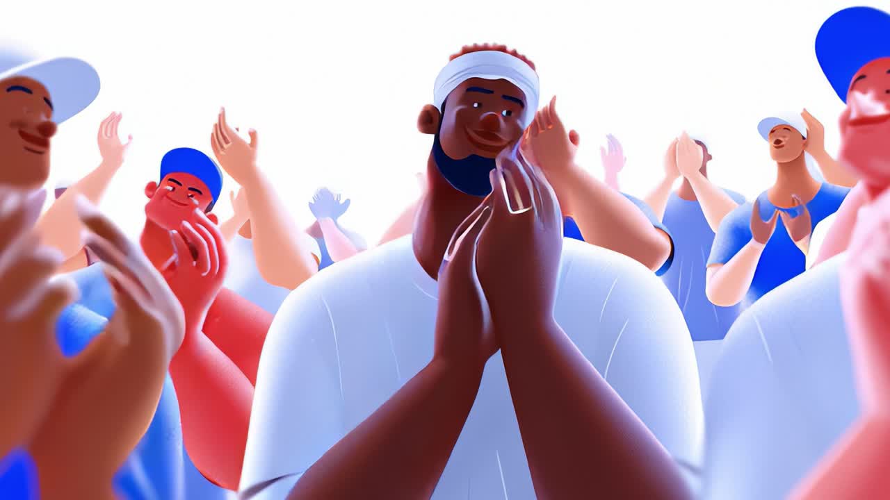 A captivating scene depicting a diverse group of animated characters celebrating together, showcasing expressions of joy, unity, and enthusiasm amidst an electrifying atmosphere filled with applause