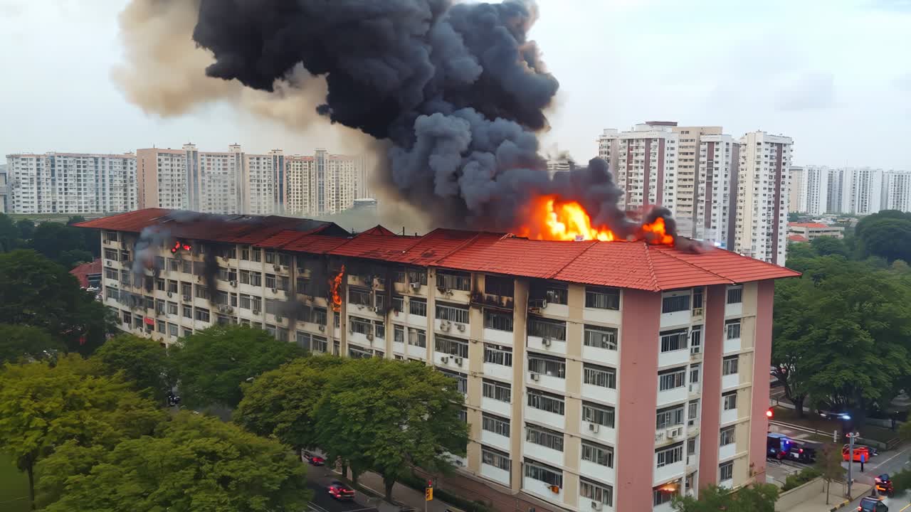 지붕에서 어나오는 검은 연기가 불타는 큰 건물