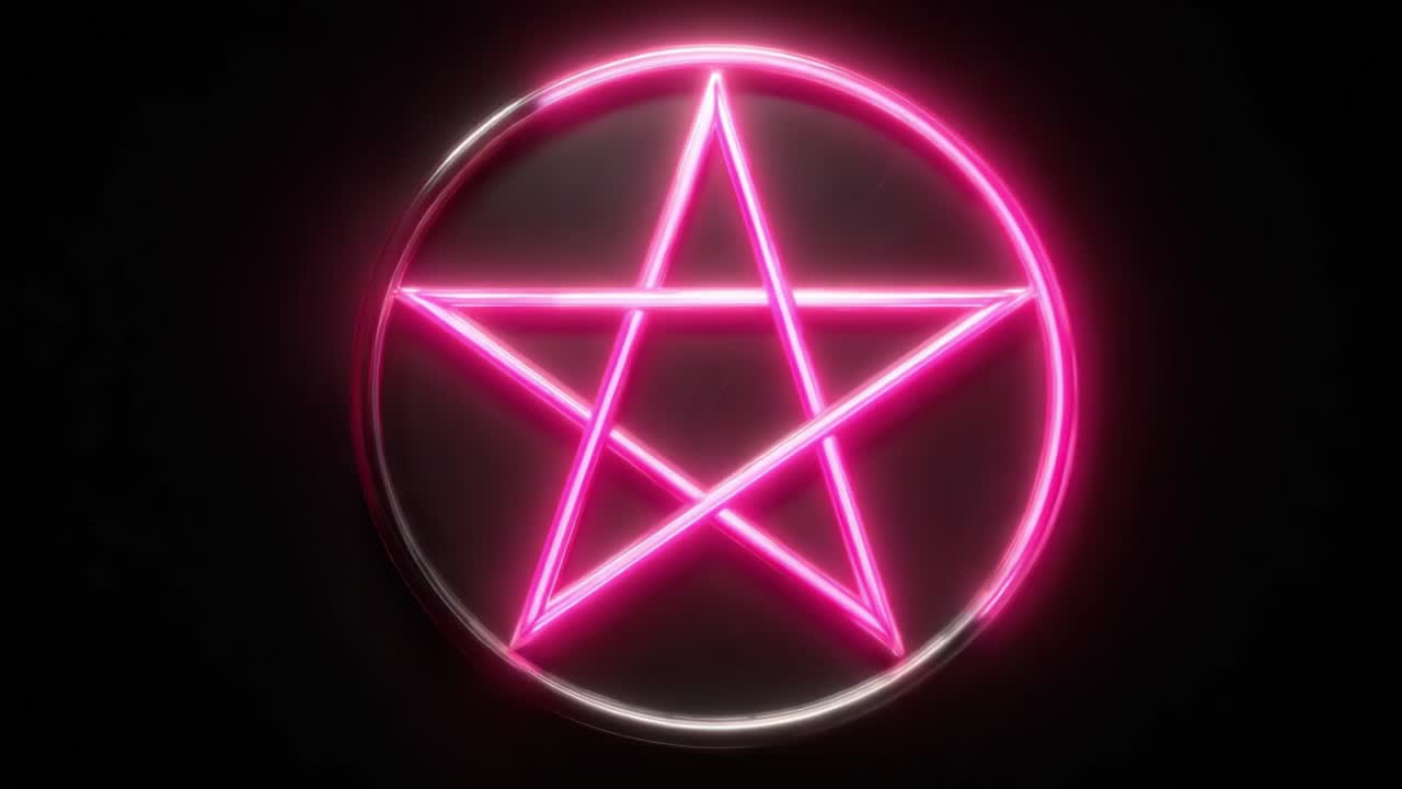 Podmanivá ukázka stylizovaného neonově růžového pentagramu uzavřeného v jasné kruhové záři, představující složitý design a podmanivou estetiku na tmavém pozadí.