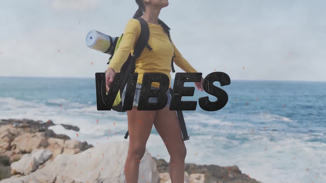 animación de la palabra vibraciones escritas en negro sobre mujer caminando relajándose junto al mar