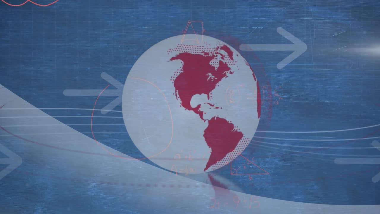 파란색 배경에 수학 방정식과 화살표 위의 지구의 애니메이션