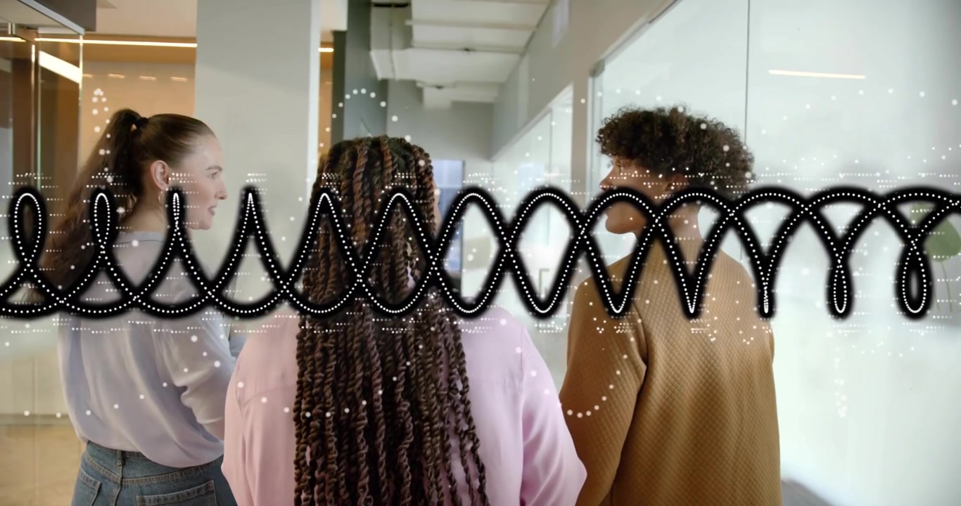 Équipe de bureau marchant dans un couloir en verre, la discussion se visualisant avec une forme d'onde pulsante lors de l'ouverture de la porte.