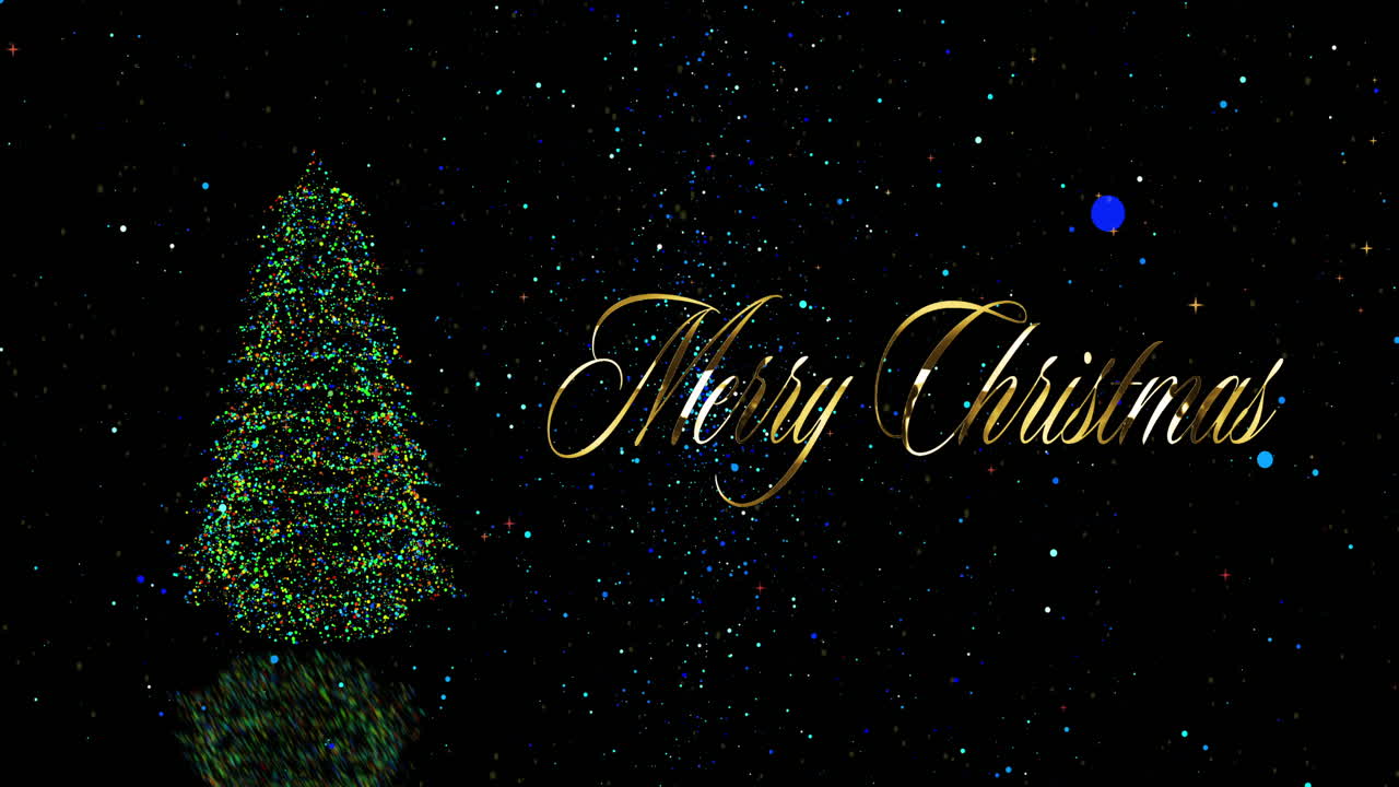 추락하는 콘페티와 메리 크리스마스 텍스트의 애니메이션과 검은 바탕에 있는 크리스마스 트리