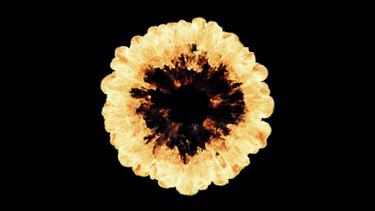 Circular Fire and Smoke Explosion Expanding on Black Background