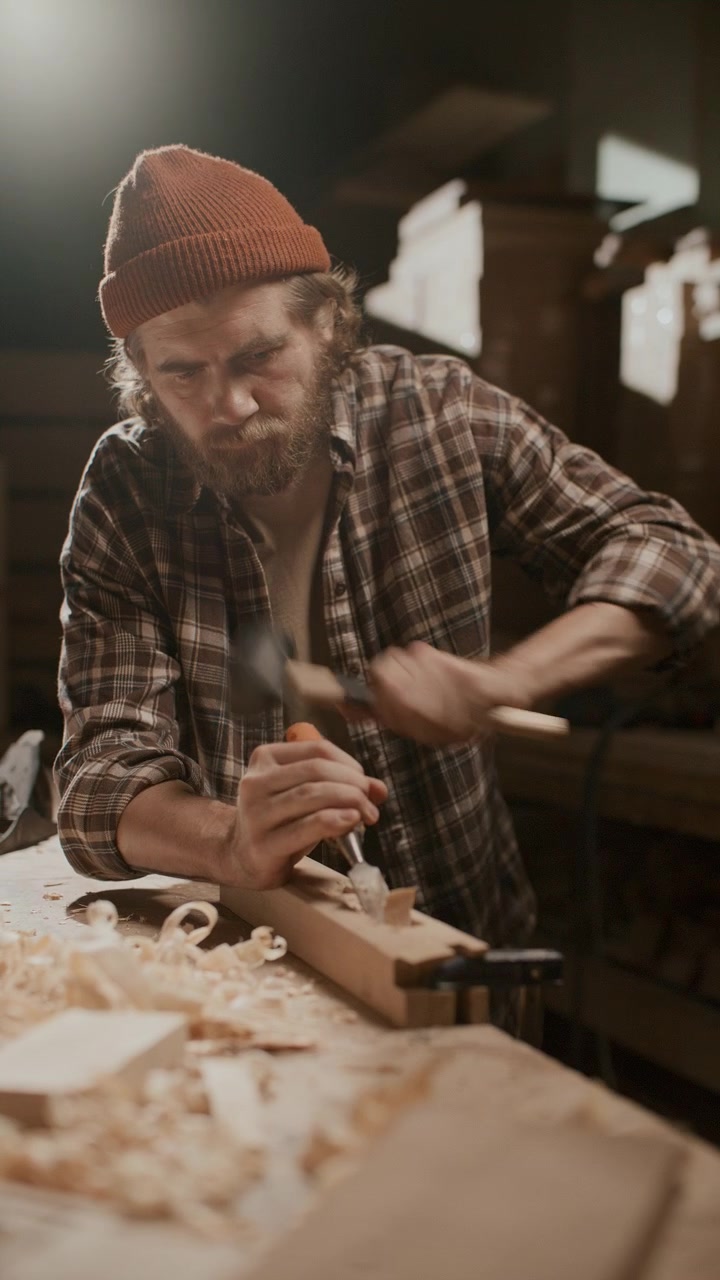 Carpenter Carving Mortise into Wooden Plank Using Hand Chisel and Mallet