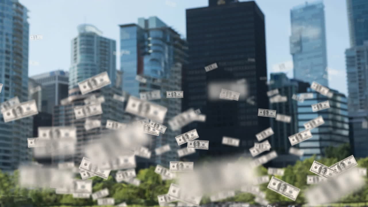 Dollar bills floating animation over cityscape with skyscrapers and trees